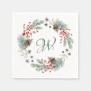 Christmas Wreath Pine Berry Snowflakes Monogram Napkin