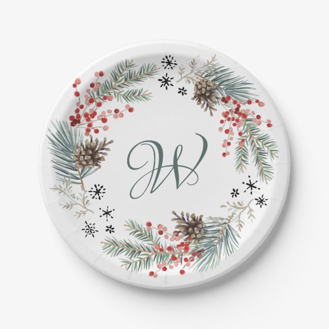 Christmas Wreath Pine Berry Snowflakes Monogram Paper Plate (Front)