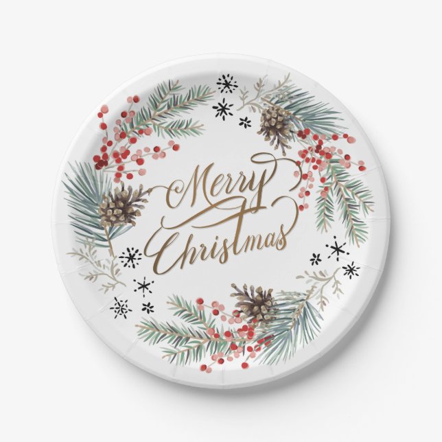 Christmas Wreath Pine Berry Snowflakes Paper Plate (Front)