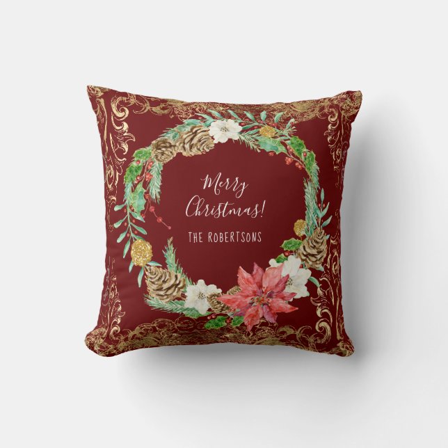 Christmas Wreath Pine Cone Floral Gold Swirls Name Cushion (Front)