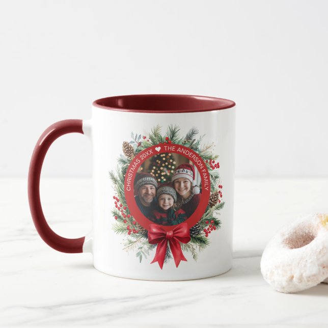 Christmas Wreath Pine Leaves Holly Berries Photo Mug (With Donut)