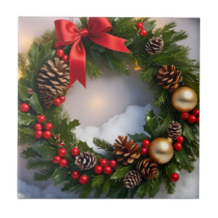Christmas Wreath Pine Red Ribbon Snow Ceramic Tile