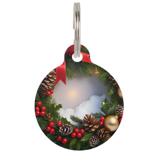 Christmas Wreath Pine Red Ribbon Snow Pet Tag