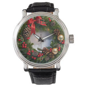 Christmas Wreath Pine Red Ribbon Snow Watch