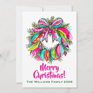 Christmas Wreath Pink Boho Holiday Card