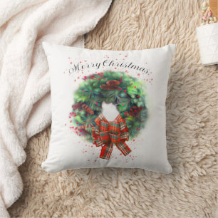 Christmas Wreath Plaid Bow Green And  White  Cushion