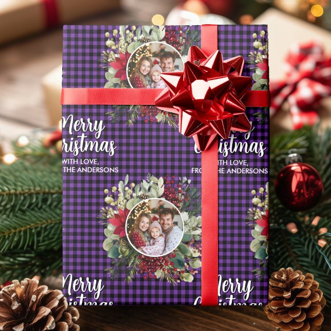Christmas Wreath Plaids Family Photo Personalized Wrapping Paper (Christmas Wreath Plaids Family Photo Personalized Wrapping Paper)