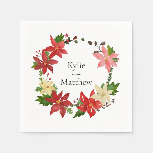Christmas Wreath Poinsettia Festive Wedding Napkin (Front)