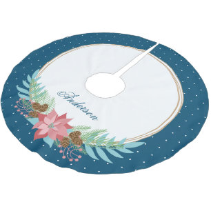 Christmas Wreath Poinsettia on Dark Blue Brushed Polyester Tree Skirt