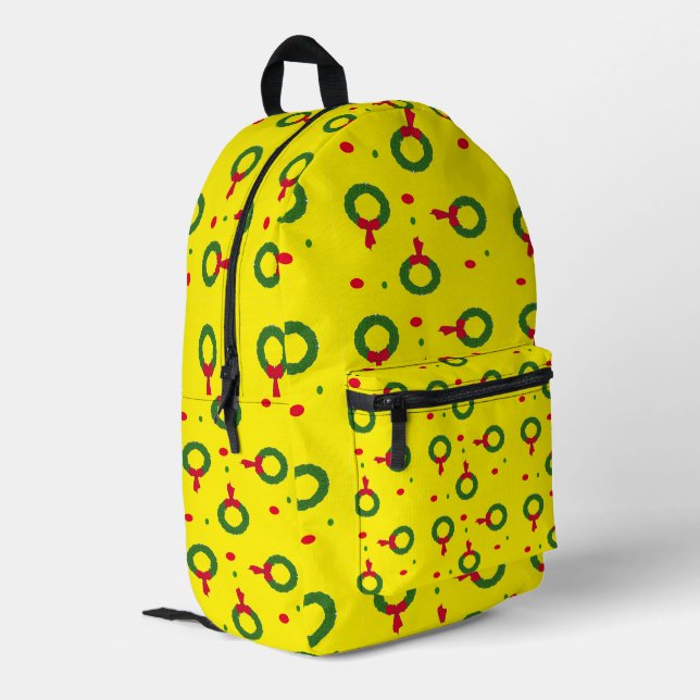 Christmas wreath polka dots yellow printed backpack (Back Corner Left)