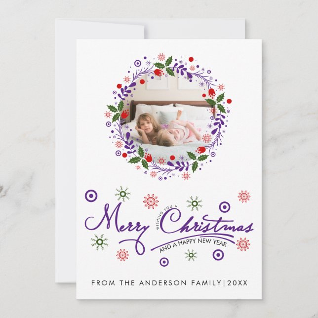 Christmas wreath, purple script typography photo holiday card (Front)