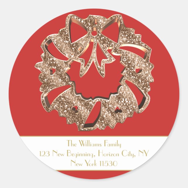 Christmas Wreath Red and Gold Add Text Classic Round Sticker (Front)