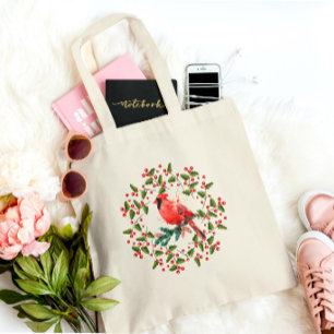 Christmas Wreath & Red Bird Tote Bag