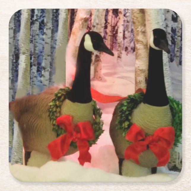 Christmas wreath red bow geese snow square paper coaster (Front)