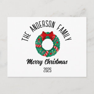 Christmas Wreath Red Bow Lights Personalised Name Holiday Postcard