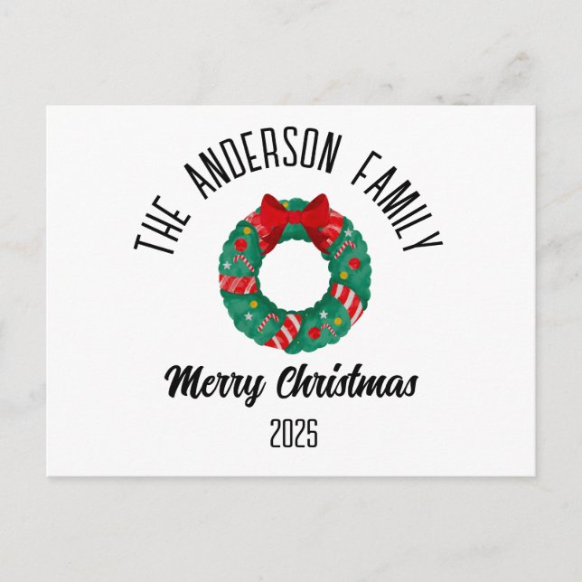 Christmas Wreath Red Bow Lights Personalised Name Holiday Postcard (Front)