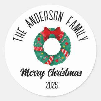 Christmas Wreath Red Bow Lights Personalized Name Classic Round Sticker