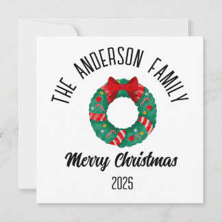 Christmas Wreath Red Bow Lights Personalized Name Holiday Card