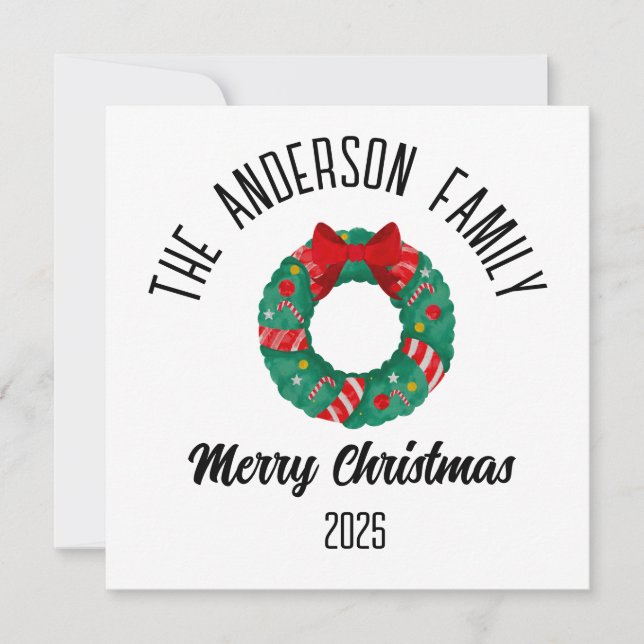 Christmas Wreath Red Bow Lights Personalized Name Holiday Card (Front)
