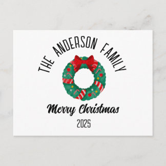 Christmas Wreath Red Bow Lights Personalized Name Holiday Postcard