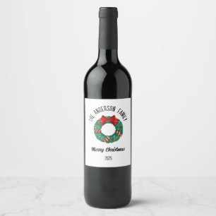 Christmas Wreath Red Bow Lights Personalized Name Wine Label