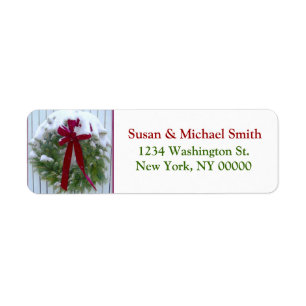 Christmas Wreath Red Bow Snow Covered Evergreen Return Address Label
