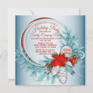 Christmas Wreath Red Bow Teal Holidays Party Invitation