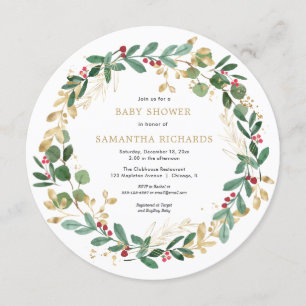 Christmas wreath red burgundy greenery baby shower invitation