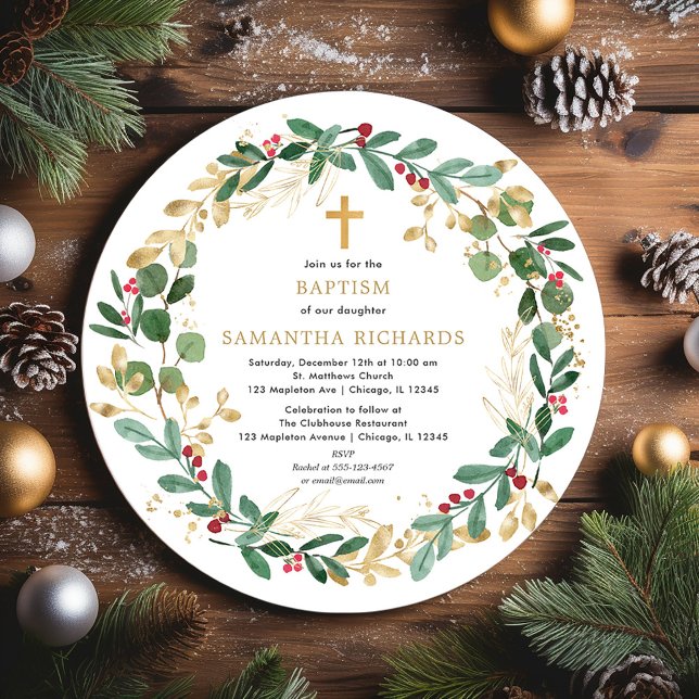 Christmas wreath red burgundy greenery baptism invitation (Creator Uploaded)