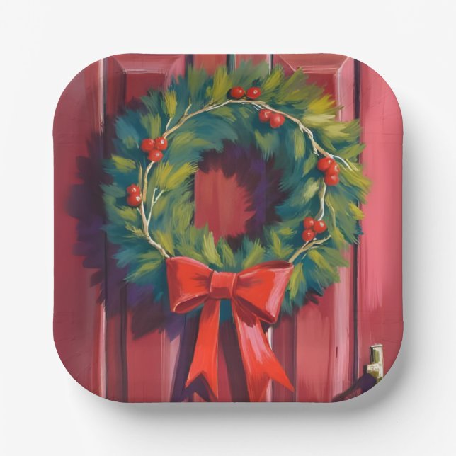 Christmas Wreath Red Door Watercolor Paper Plate (Front)