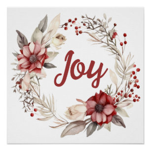 Christmas wreath, red flowers and berries joy poster