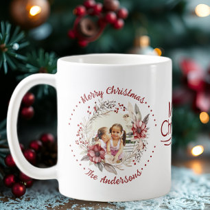 Christmas wreath, red flowers and berries photo coffee mug