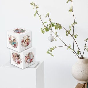 Christmas wreath, red flowers and berries photo cube