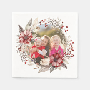 Christmas wreath, red flowers and berries photo napkin