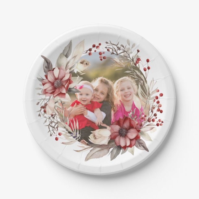 Christmas wreath, red flowers and berries photo paper plate (Front)