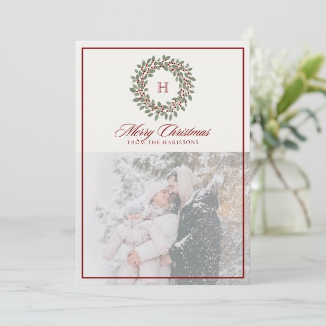 Christmas Wreath, Red frame, Monogram Photo  Holiday Card (Standing Front)