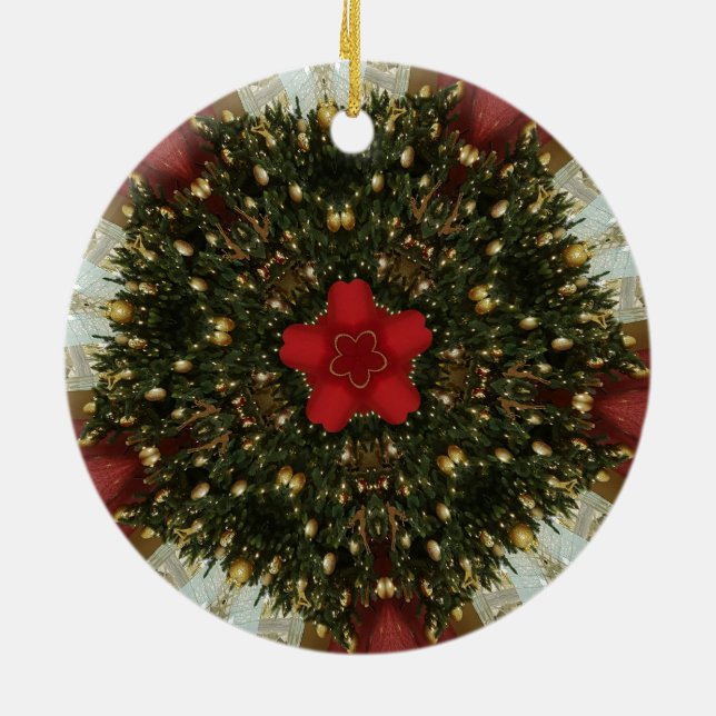 Christmas Wreath Red Green Gold with Red Star Ceramic Ornament (Back)