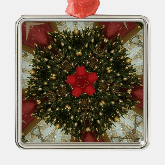 Christmas Wreath Red Green Gold with Red Star Metal Ornament (Front)