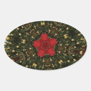 Christmas Wreath Red Green Gold with Red Star Oval Sticker