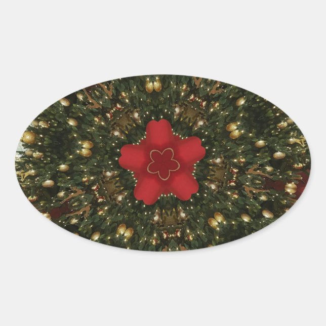 Christmas Wreath Red Green Gold with Red Star Oval Sticker (Front)
