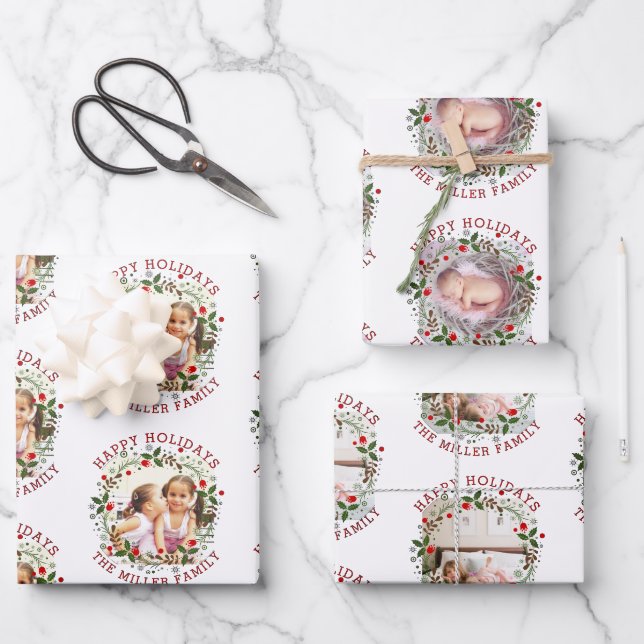 Christmas wreath, red Happy Holidays three photo Wrapping Paper Sheet (Front)