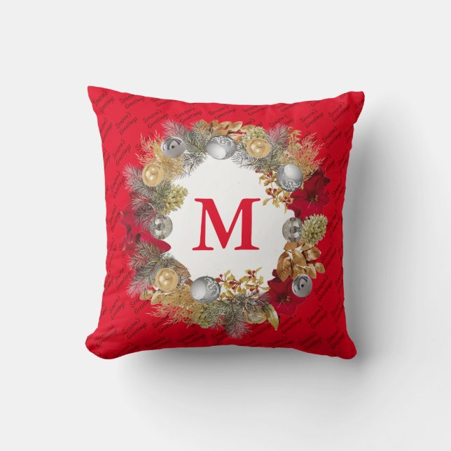 Christmas Wreath Red MONOGRAM Cushion (Front)