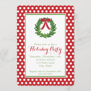 Christmas Wreath, Red Polka Dot Holiday Invitation