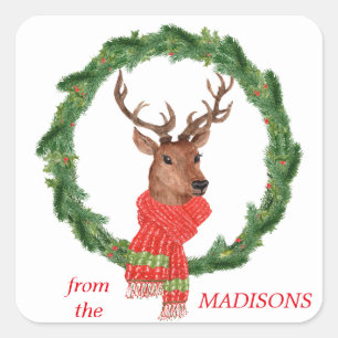 Christmas Wreath Reindeer Square Sticker