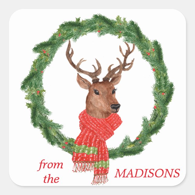 Christmas Wreath Reindeer Square Sticker (Front)