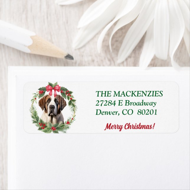Christmas Wreath Saint Bernard Return Address Label (Insitu)