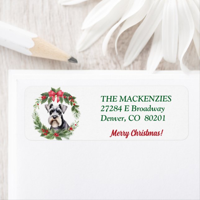 Christmas Wreath Schnauzer Dog Return Address Label (Insitu)