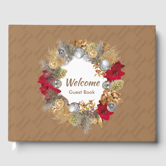Christmas Wreath SEASON'S GREETINGS Beige Guest Book (Front)