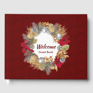 Christmas Wreath SEASONS GREETINGS Custom Burgundy Guest Book