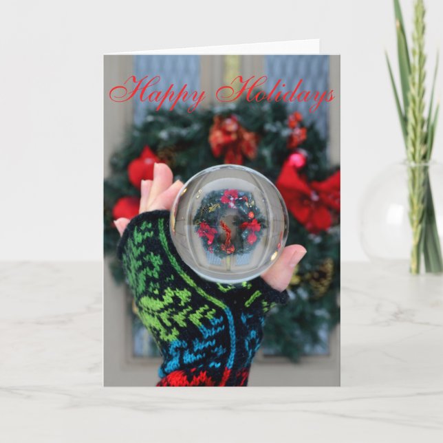 Christmas Wreath Snow Globe Crystal Ball Holiday Card (Front)